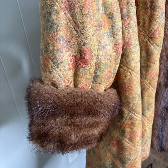 Vintage Maple Furriers Fur Collar Leather Swing Coat‎ Floral Brown Boho RARE - Picture 5 of 11